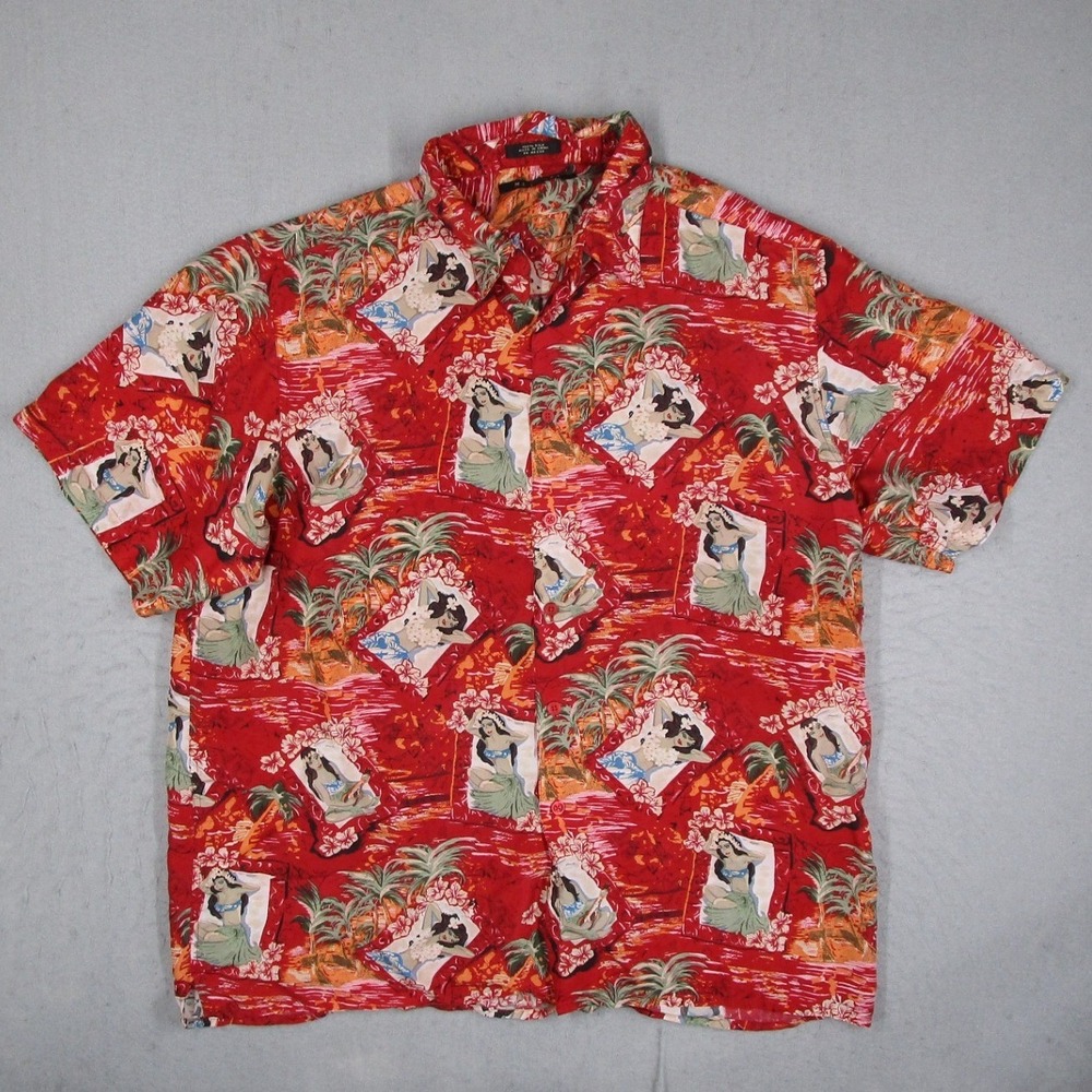 M.E. Sport Men XL Silk Hawaiian Shirt Red Hula Girl Tropical Short Sleeve Button